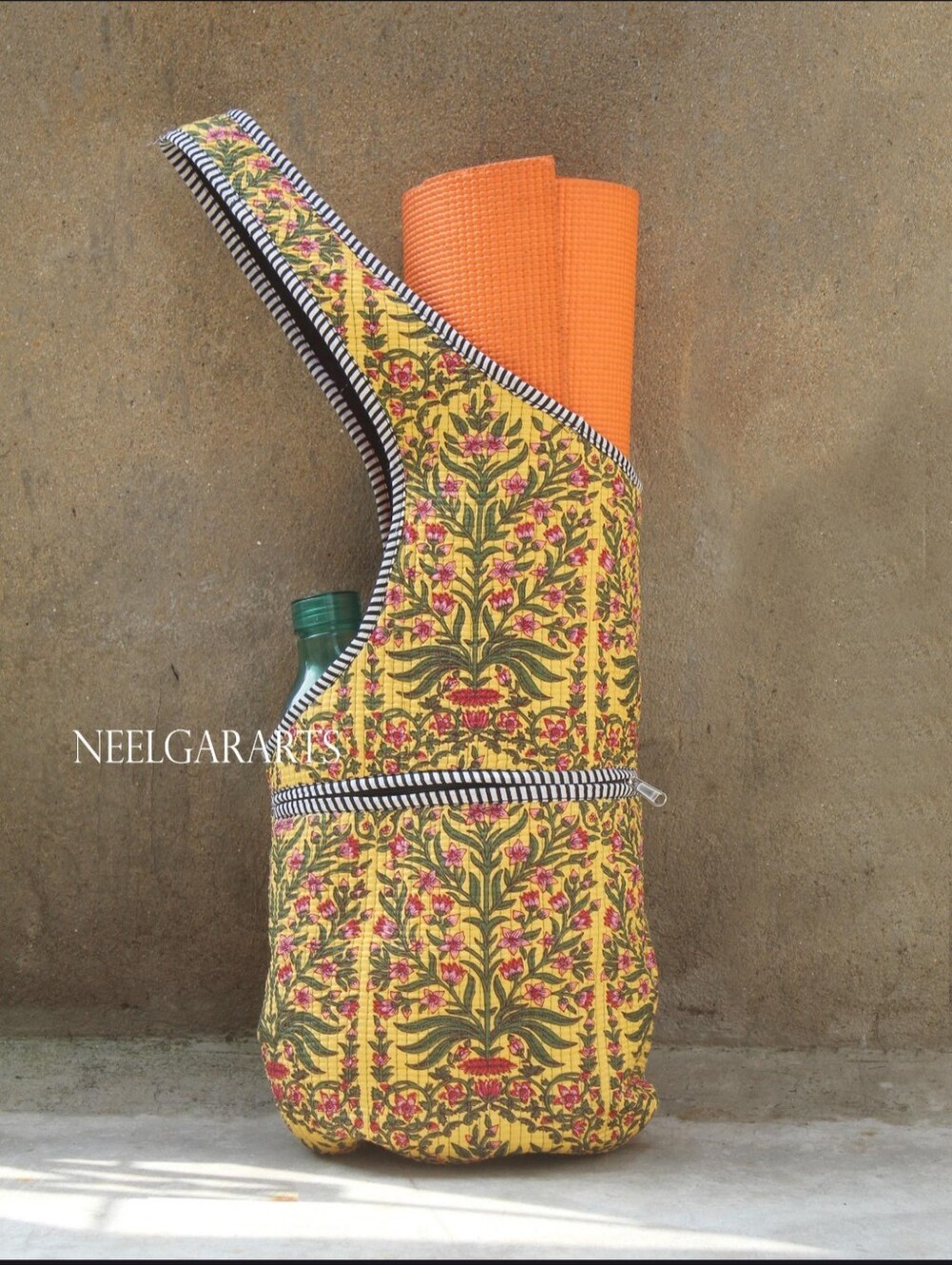 Quilted Cotton Yoga Mat Bag Yellow Floral Print Gym Tote w/ Zippered Pocket